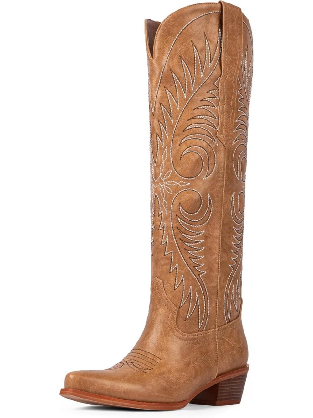 Women Tan Pu Faux Leather Knee High Cowgirl Pointed Toe Chunky Heel Boot